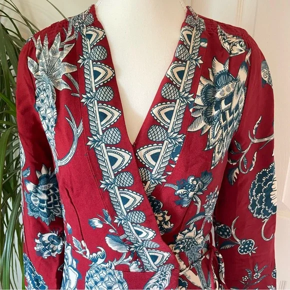 FARM Rio Dress Tropical Landing Red Wrap Long Sleeve V-Neck Mini Dress Medium